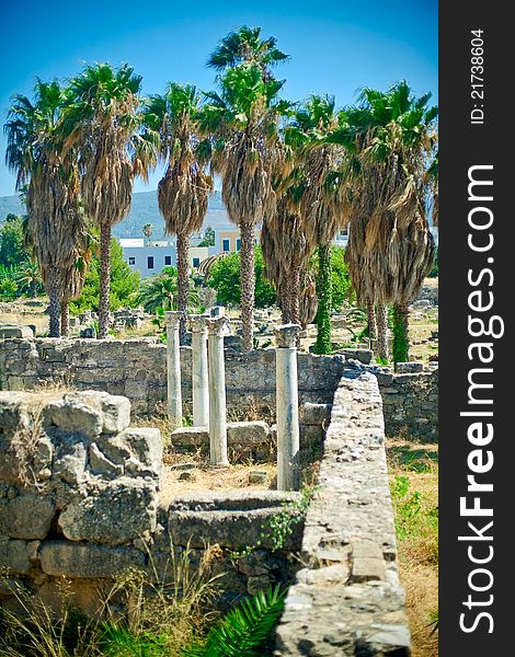 Ancient ruins and columns in the island Kos, Greece