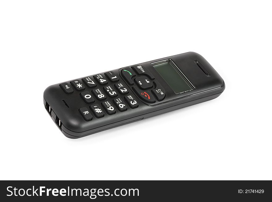 Modern black wireless telephone receiver on white background. Clipping path is included