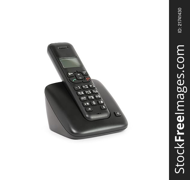 Modern black wireless telephone on white background. Clipping path is included