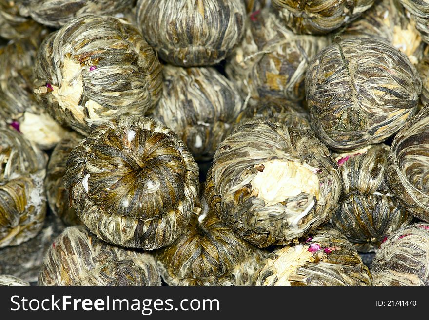 The close-up of dried tea ball