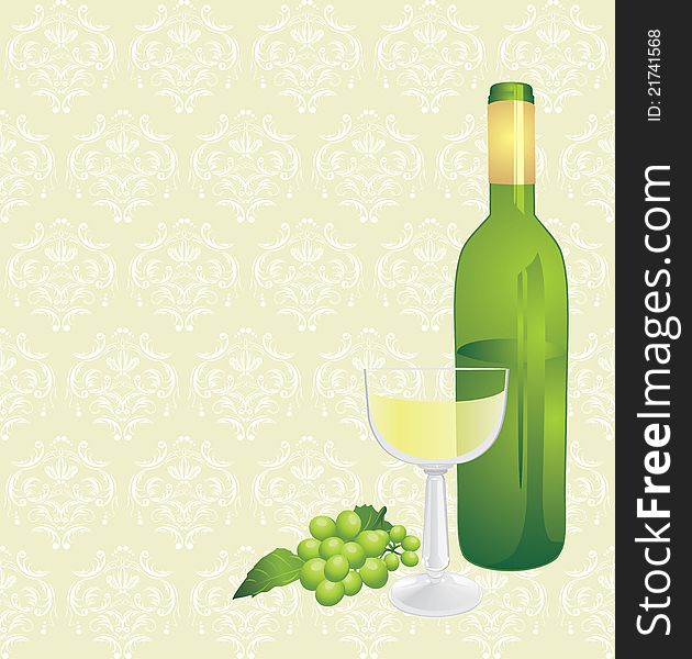 Wine bottle, glass and green grape