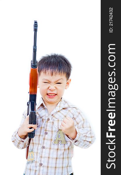 Angry asian boy with gun on white background