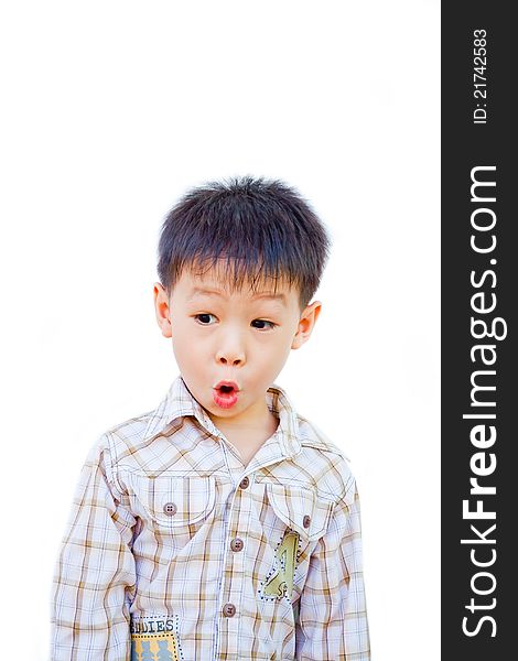 Asian boy with surprised face on white background