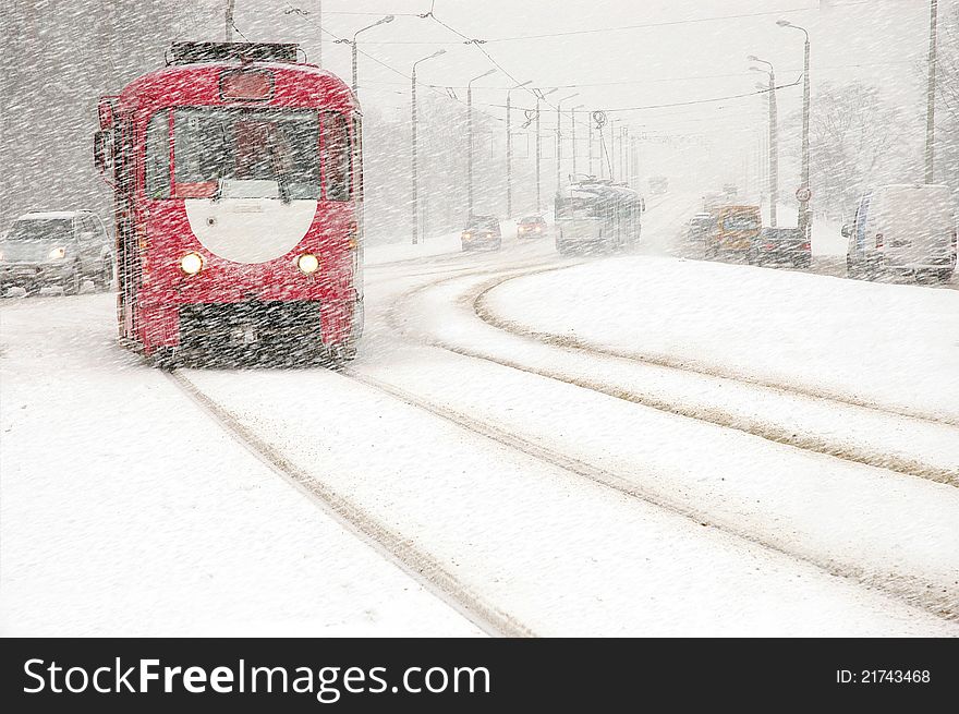 A snowfall in a city.