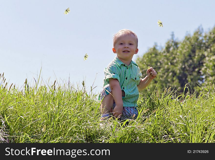 Portrait of a Boy in the sky and grass with butterflies