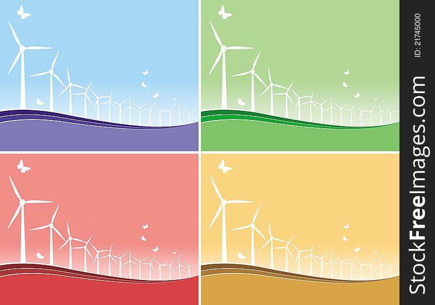 This image represents a set of 4 environmental cards with windmills and butterflies
