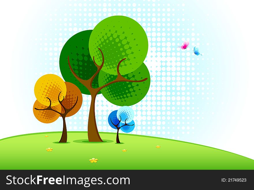 Illustration of tree in landscape in halftone style. Illustration of tree in landscape in halftone style