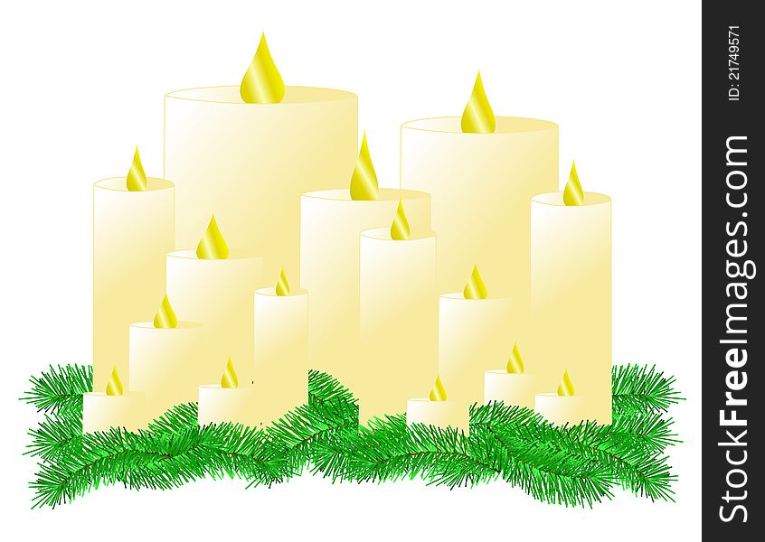 An illustration of multiple lit candles on a bed of pine boughs.