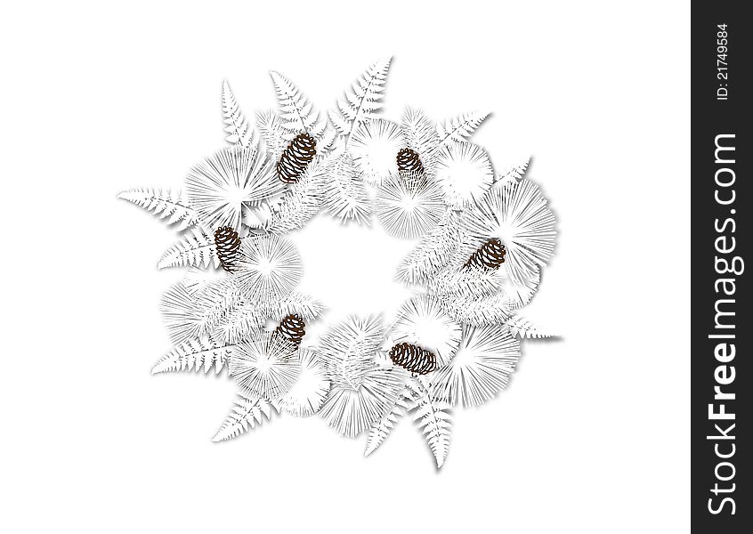An illustration of a white winter wreath of pinecones, ferns, and evergreen boughs.