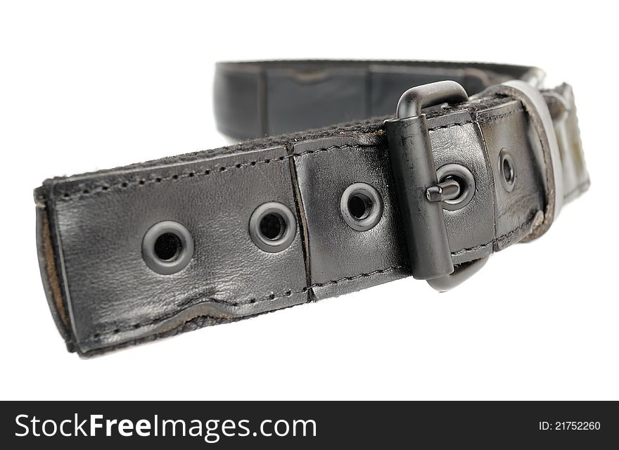 Menâ€™s black leather belt isolated on white background