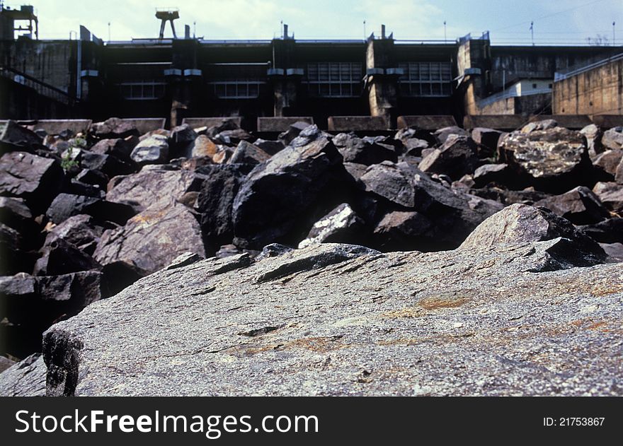 Water dam and large rocks in dried river. Water dam and large rocks in dried river