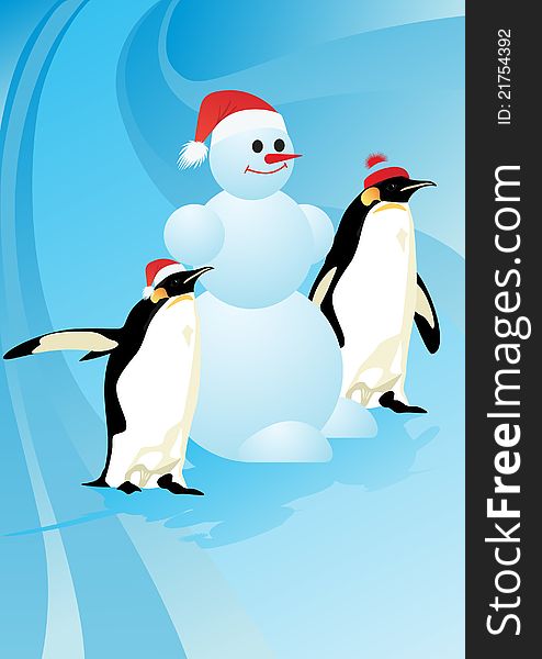 Snowman with Penguins on abstract blue background