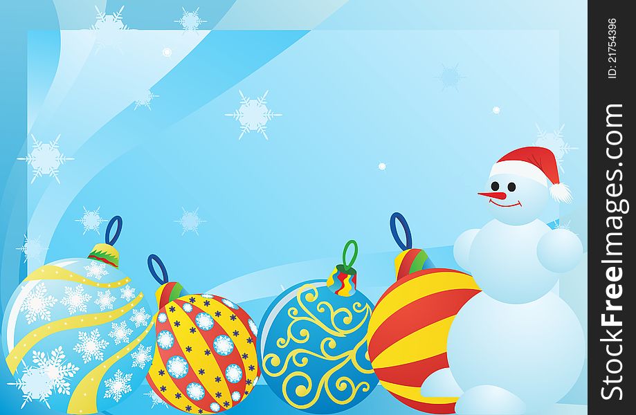 Snowman and Christmas decorations on the abstract blue background with snowflakes falling