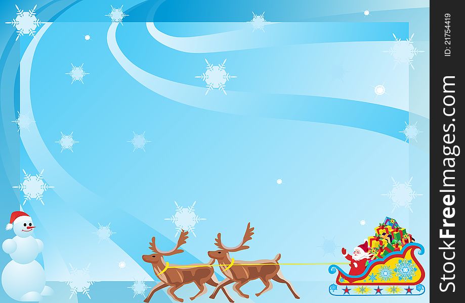 Santa Claus on New Year's gifts as a reindeer on abstract blue background with snowflakes falling. Santa Claus on New Year's gifts as a reindeer on abstract blue background with snowflakes falling.