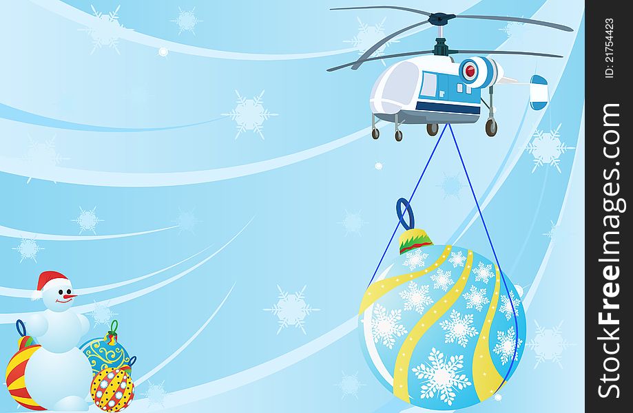 A helicopter with Christmas toys and Christmas decorations snowman near the abstract blue background with snowflakes falling. A helicopter with Christmas toys and Christmas decorations snowman near the abstract blue background with snowflakes falling.