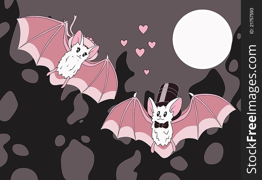 Two flying white bats in love under full moon. Vector illustration
