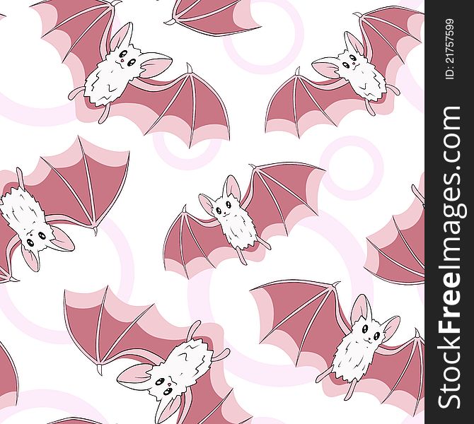 White flying bats on white background with pink circles. Seamless vector pattern. White flying bats on white background with pink circles. Seamless vector pattern.