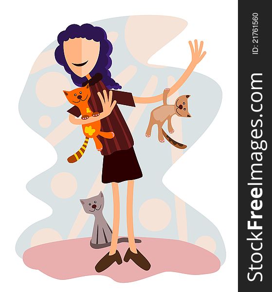 Fun and colorful abstract illustration of a girl with her pet cats. Fun and colorful abstract illustration of a girl with her pet cats