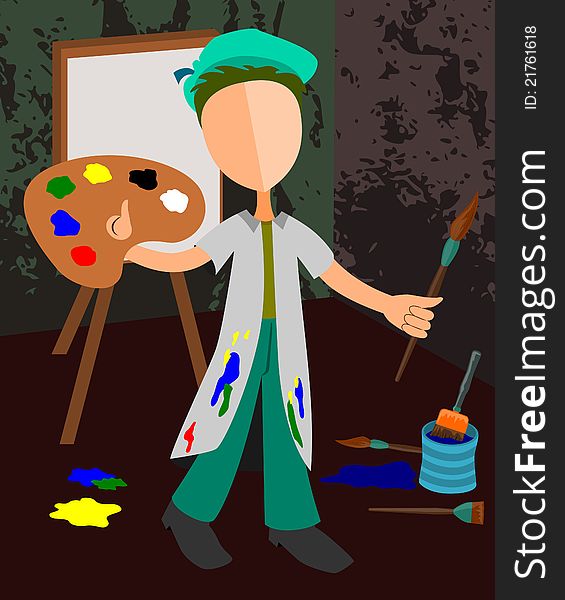 Abstract painter with his easel, paints, and brushes