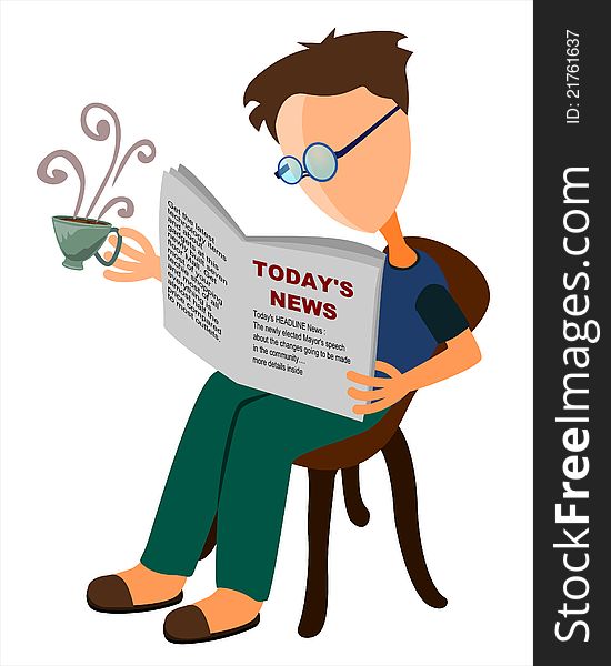 Man sitting on a chair and drinking hot coffee while reading a newspaper. Man sitting on a chair and drinking hot coffee while reading a newspaper
