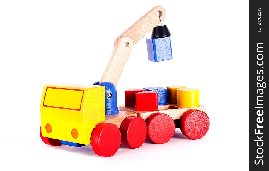 The elevating crane, children's wooden toy.