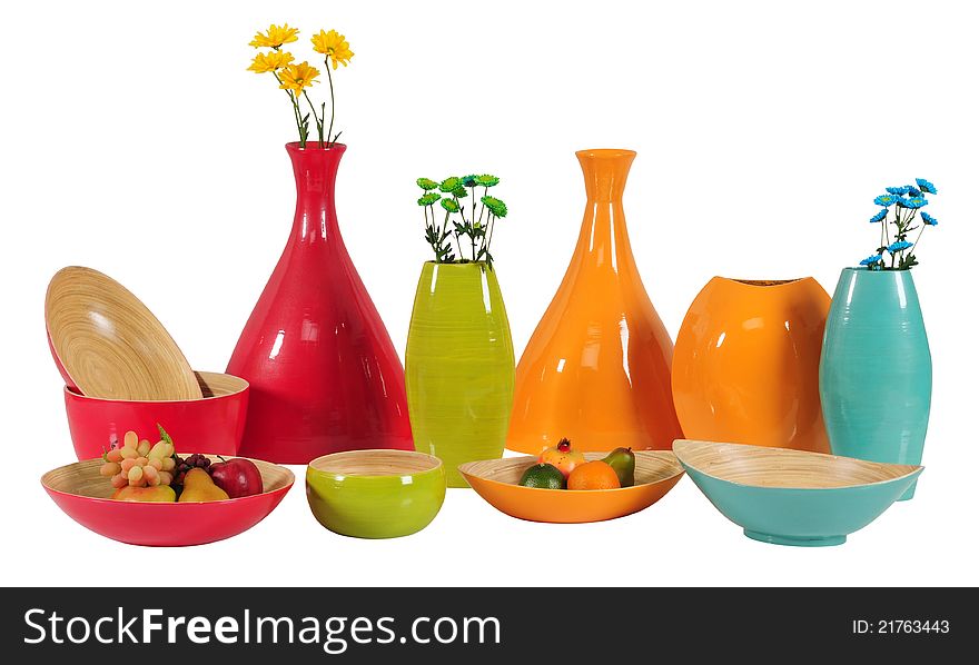 Flower vases and food bowls for home decoration over white. Flower vases and food bowls for home decoration over white.
