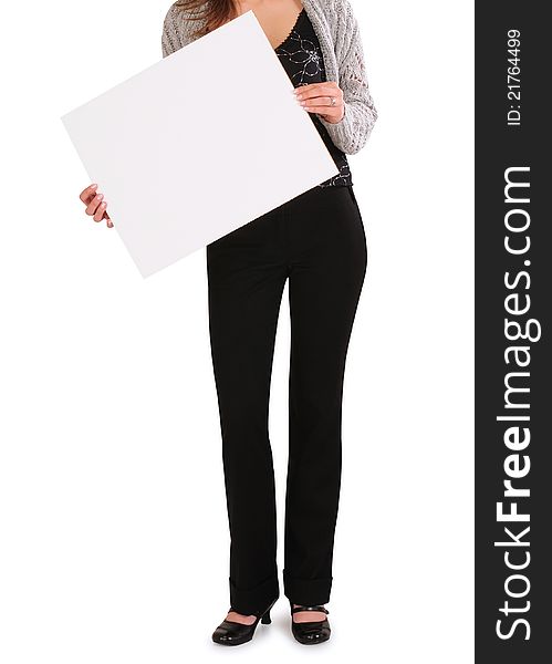 Woman with card board against white background. Woman with card board against white background.