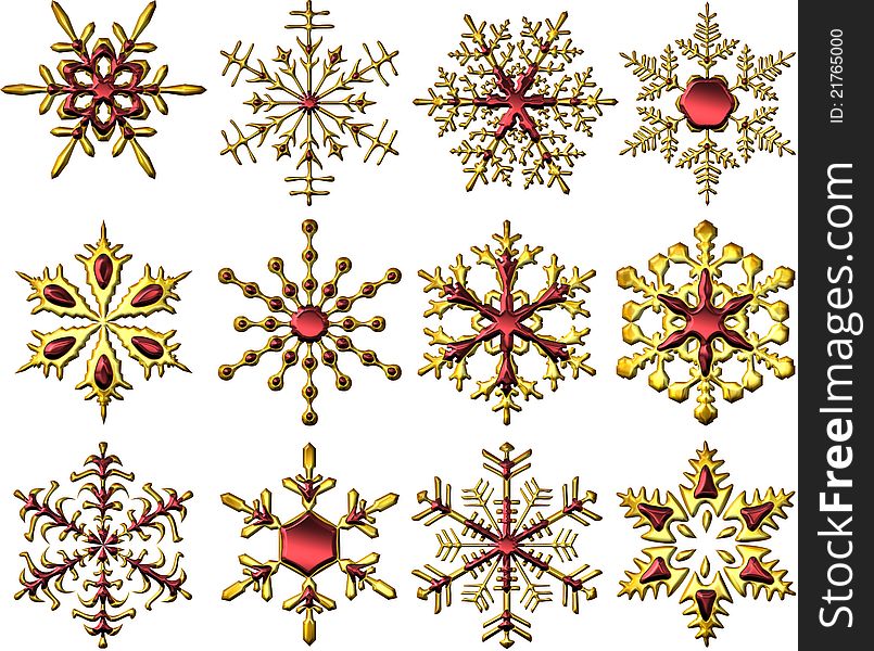 One Dozen Of Shiny Metallic Golden-Red Snowflakes