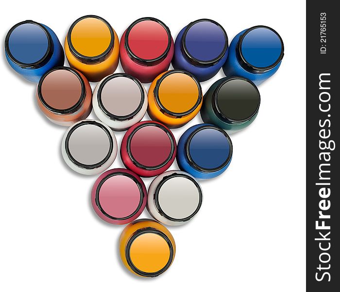 Coloured paint containers seen from above