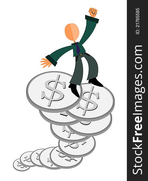 An abstract man on top of a heap of coins. An abstract man on top of a heap of coins