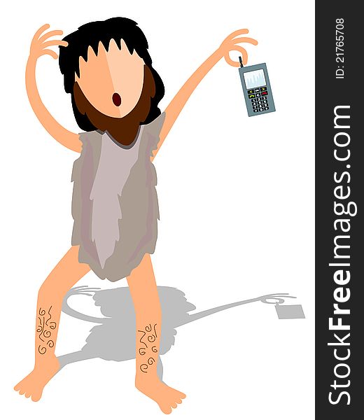 Caveman in abstract illustration holding and wonders over a cellular phone. Caveman in abstract illustration holding and wonders over a cellular phone