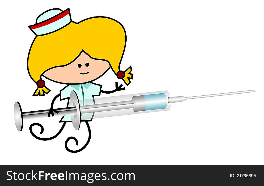 Cute cartoon illustration of a nurse holding a giant syringe