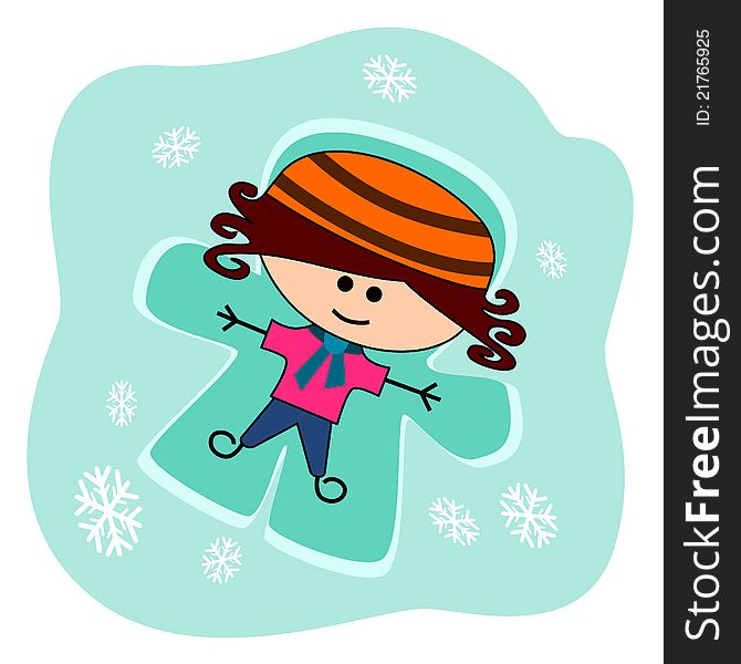 Cartoon girl lying on the snow and making a snow angel