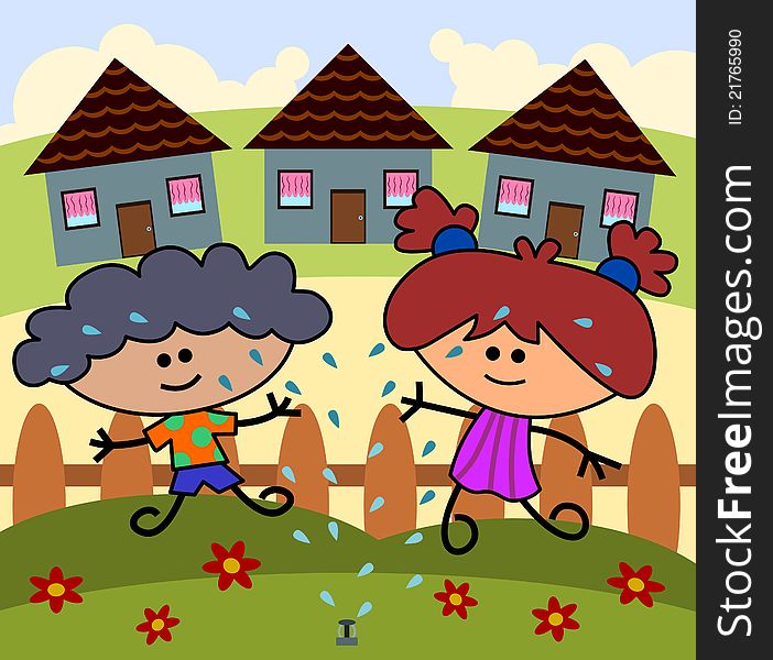 Two cute cartoon kids happily plays in the sprinkling water of a sprinkler. Two cute cartoon kids happily plays in the sprinkling water of a sprinkler