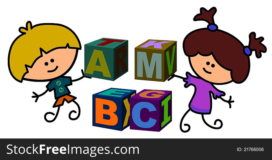 Creative illustration of two kids playing with their big blocks. Creative illustration of two kids playing with their big blocks