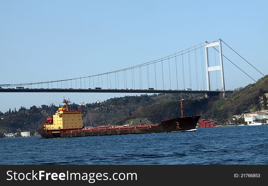 Fatih Sultan Mehmet Bridge with the tankship in Bosphorus, Istanbul. Fatih Sultan Mehmet Bridge with the tankship in Bosphorus, Istanbul.