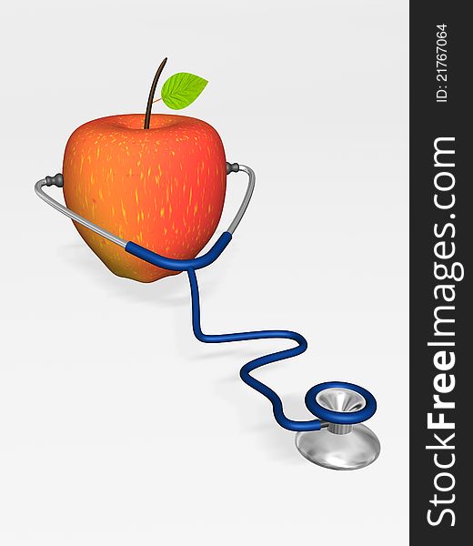 Three dimensional illustration of an apple wearing a stethoscope. Three dimensional illustration of an apple wearing a stethoscope