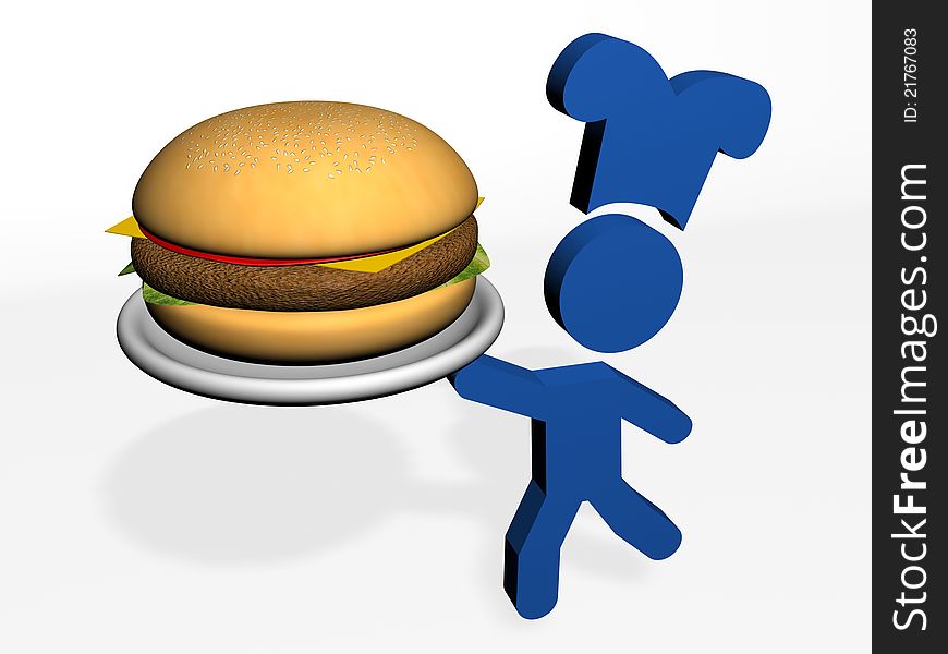 Man icon with a cooks' hat about to serve a giant burger