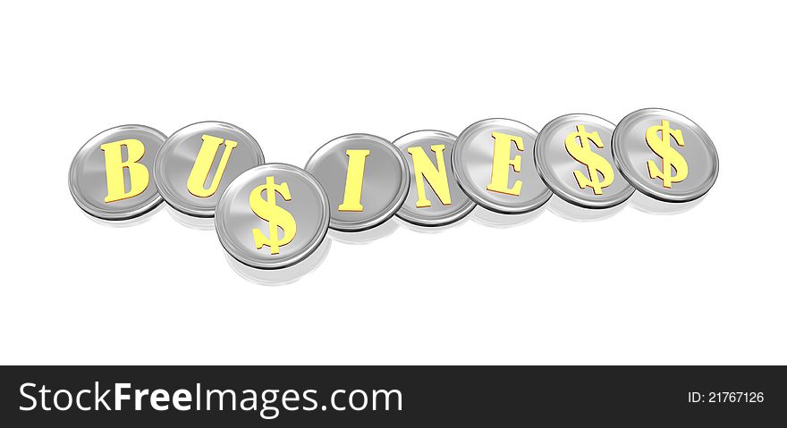 Silver coins with letters in gold which spells out the word business, all letter s are replaced by a dollar sign. Silver coins with letters in gold which spells out the word business, all letter s are replaced by a dollar sign