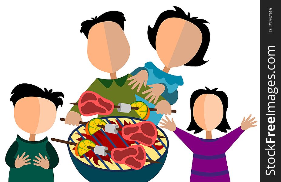 An abstract illustration of a family cooking barbecue. An abstract illustration of a family cooking barbecue