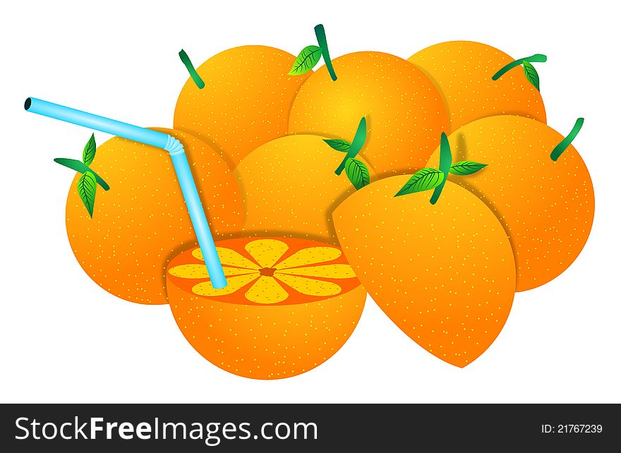 Group of oranges with one orange sliced and with a straw. Group of oranges with one orange sliced and with a straw