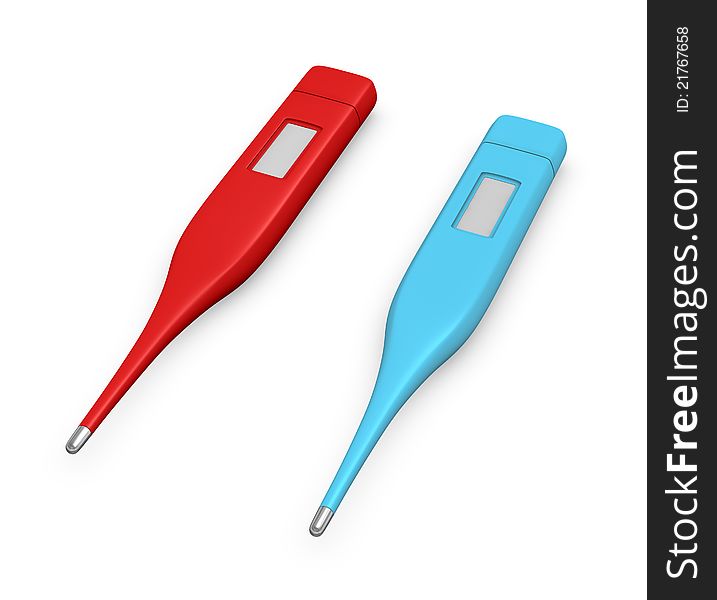 Set of two medical thermometers in different color, red for high temperature and blue for low temperature, the display is blank for customization (3d render)