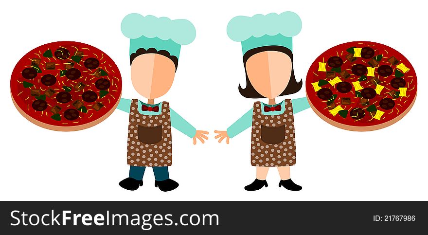 Set of abstract male and female characters holding a pizza. Set of abstract male and female characters holding a pizza