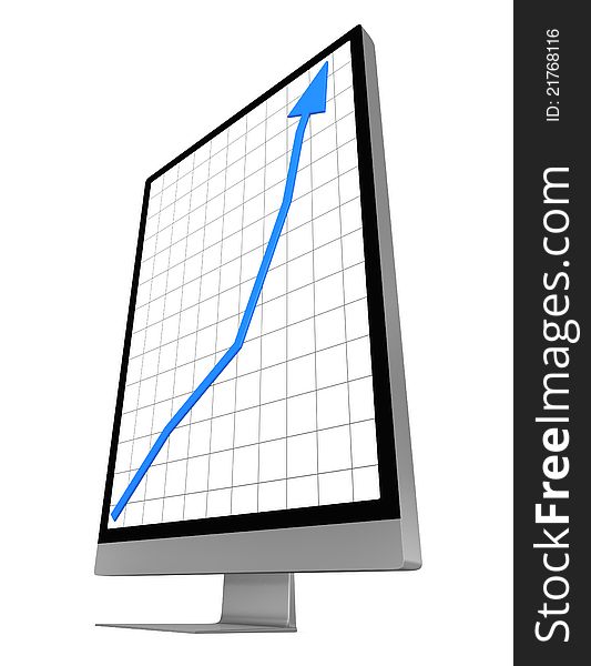 One computer desktop with a deformed screen to show a growing chart (3d render). One computer desktop with a deformed screen to show a growing chart (3d render)