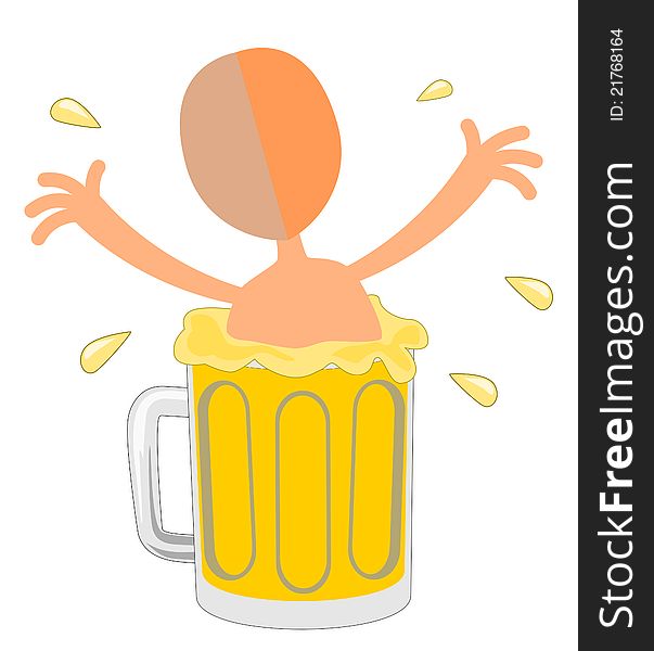 Funny abstract character inside a giant mug and having a bath with beer. Funny abstract character inside a giant mug and having a bath with beer