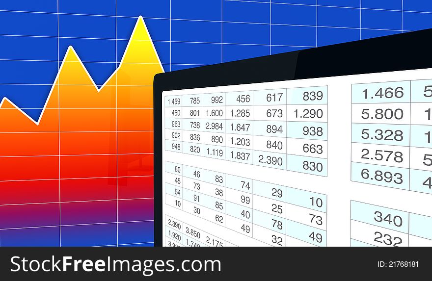 Computer, spreadsheet and charts to show the concept of modern tools for financial and market analysis (3d render). Computer, spreadsheet and charts to show the concept of modern tools for financial and market analysis (3d render)