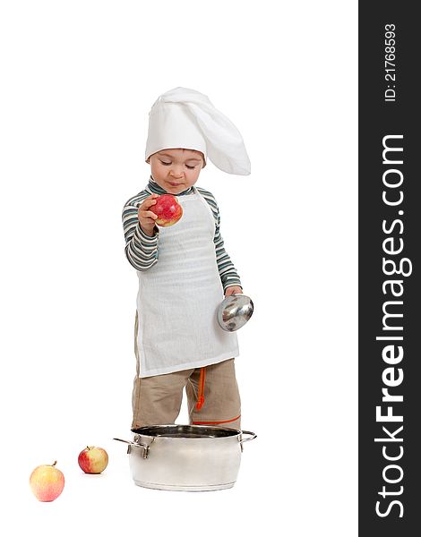 Kitchen boy with apples on white. Kitchen boy with apples on white