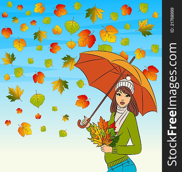 beautiful girl with autumn leaves and umbrella