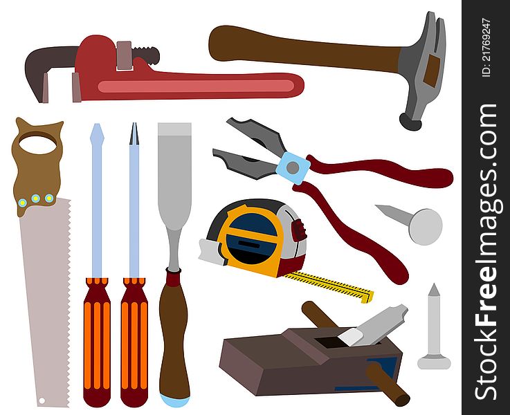 A set of commonly used tools used by carpenters. A set of commonly used tools used by carpenters