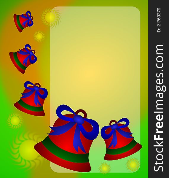 A colorful graphic frame and background with Christmas bells. A colorful graphic frame and background with Christmas bells